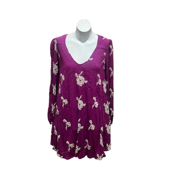 Free People Dress Womens M Purple Floral Embroidered Swing Mini Open Back - Picture 5 of 8